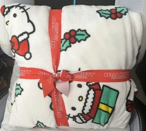 Hello Kitty Christmas Santa Presents 60 x 90" TWIN White Throw Blanket Holly NEW - Picture 1 of 2