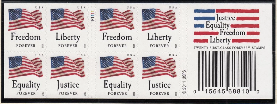 2012 Freedom U. S. Flag Sc 4644c booklet pane of 20 Forever plate number P1111 - Image 1 of 1