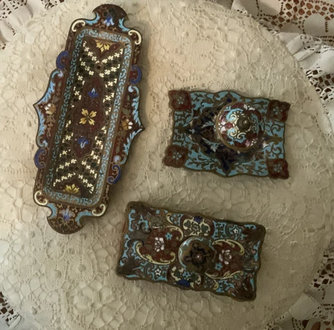 Antique French enamel/champleve 3 pc desk set. 19th C Cover