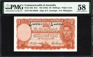 Australia 10 Ten Shillings P25b R13 1942 Armitage McFarlane PMG58 aUNC Banknote - Picture 1 of 2