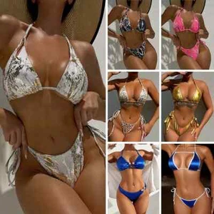 Sexy Brazilian Bikini Swimwear Women Metallic Snakeskin Side String Bathing Suit - Picture 1 of 54