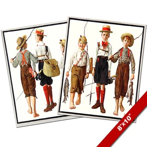 SET OF NORMAN ROCKWELL BOYS GONE FISHING ART OIL PAINTING PRINT ON CANVAS PRINTS - Picture 1 of 5