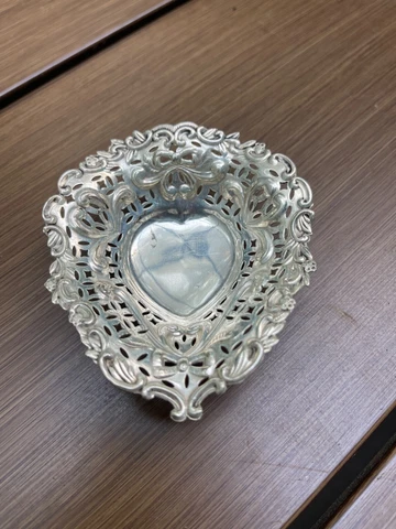 Sterling Silver Victorian Era Pierced Heart Shaped Footed Bon Bon Dish Antique Cover