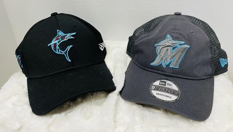 2 Men's New Era Miami Marlins Hats 9Twenty & 39Thirty Spring training Cover