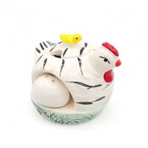 VTG Black White Chicken On Nest Condiment Sugar Bowl w/ Eggs Salt & Pepper - Picture 1 of 17