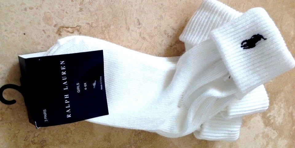 CALCETINES RALPH LAUREN NIÑAS (3) TALLA 4-6X BLANCOS CON LOGO NEGRO NUEVOS EN PAQUETE Foto 1 de 1