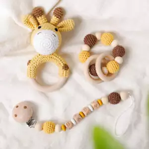 1Pc Baby Wooden Rattles Plush Crochet Giraffe Animal Music Bell - Picture 1 of 30