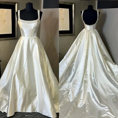 Satin Wedding Dresses Vintage Sleeveless Beaded A Line Victorian  Bridal Gowns - Image 1 of 4