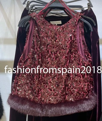 ZARA 全新女式亮片上衣,带 FAUX FUR HEM GARNET XS-XL 7969/258/971 — 第 1/2 张图片