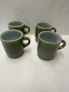 VINTAGE FIRE KING ANCHOR HIOCKING AVOCADO GREEN MILK GLASS STACKING MUGS 4 SET - Picture 1 of 8