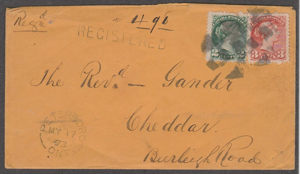 Canada PETERBORO to Cheddar 2c 3c Small Queens Registered FANCY CANCEL 1873 - Image 1 of 1