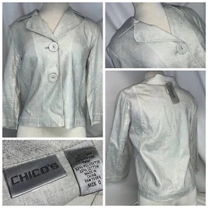 Chico’s Blazer Jacket Sz 0 Ivory Gray Poly Cotton 2B NWT $98 YGI F0-5 - Picture 1 of 11