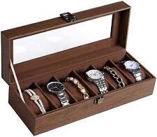 6-Slot Watch Box, Glass Topped Watch Display Case, Wood-Grain Brown