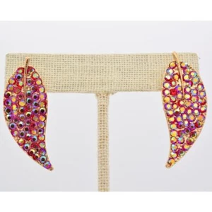 Crystal Leaf Earrings Red Rhinestone Aurora Borealis Gold Tone Sparkling BinAA - Picture 1 of 12