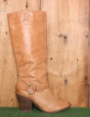 LUCKY BRAND 'Ethelda' Tan Leather Knee-High Harness Boots w/3.5" Heels Sz. 8.5 M - Image 1 of 4