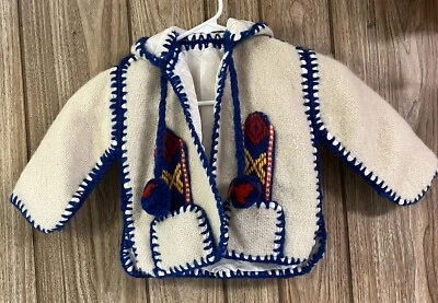 Abrigo Suéter Vintage Lana Niño Estilo Tradicional Blanco Azul Pom Pom Talla 2 Foto 1 de 4