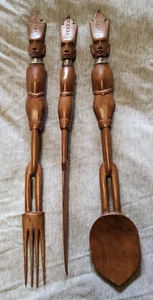 Vint African Hand Carved Wooden Spoon Fork Knife Decor Salad Serving Set 16.5" - Picture 1 of 3