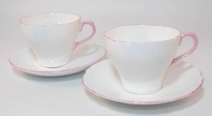 2 Shelley Pink Edged Pink Handled Coffee Cups & Saucers c1950s Excellent - Bild 1 von 10