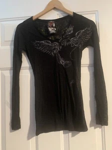 T-shirt donna In Vein nera ali d'angelo e strass rosa aderente trasparente S - Foto 1 di 5