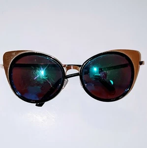 Real Lucky Brand Ocean Round Cat Sunglasses Gold Black Blue Green Mirror damaged - Picture 1 of 4