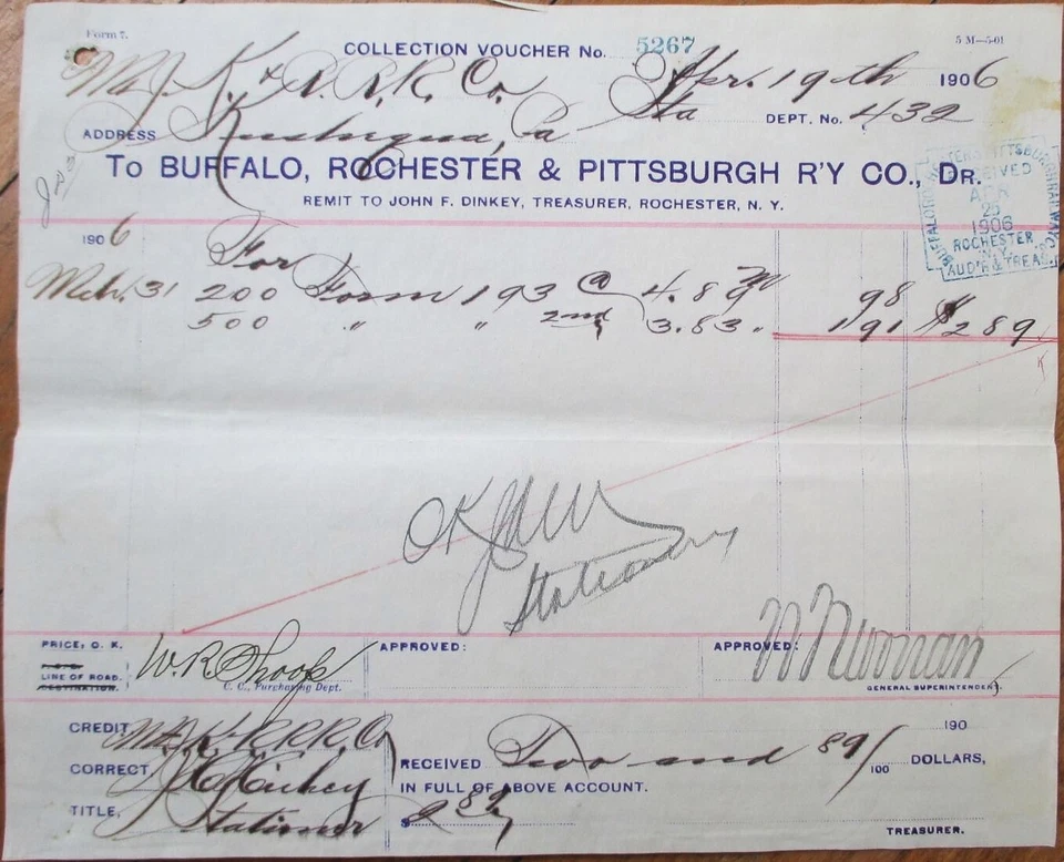 Buffalo Rochester Pittsburgh Railway Railroad 1906 Document Letterhead, NY - Image 1 of 1