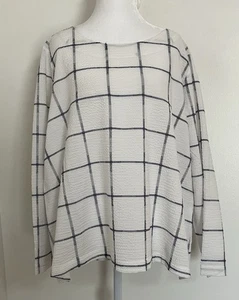 Habitat Clothes Top Large White Blue Windowpane Plaid Textured Crinkle Artsy - Picture 1 of 5