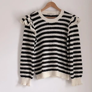 LOFT gestreifter Pullover Rüschen Schulter Rundhals lange Blousonärmel schwarz Gr. XL - Bild 1 von 14