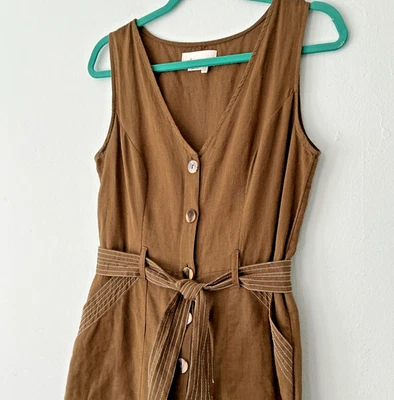 ANTHROPOLOGIE Rhian 棉亚麻绑带腰橄榄绿色连身裤女式 2 码 — 第 1/4 张图片