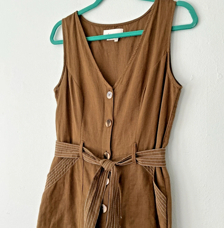 Mono para mujer ANTHROPOLOGIE Rhian algodón lino lazo cintura verde oliva talla 2 Foto 1 de 4