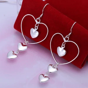 Womens 925 Sterling Silver Long Love Heart Drop Dangle Fashion Earrings #E83 - Imagen 1 de 5