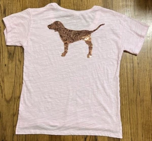 Victoria Secret PINK Sequin Dog Bling Light Pink V-Neck Short Sleeve Shirt SMALL - Picture 1 of 10