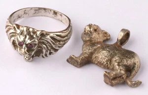 Protective amulet lion in attack ring lion cub or tiger cub pendant Size 7.5 set - Picture 1 of 12
