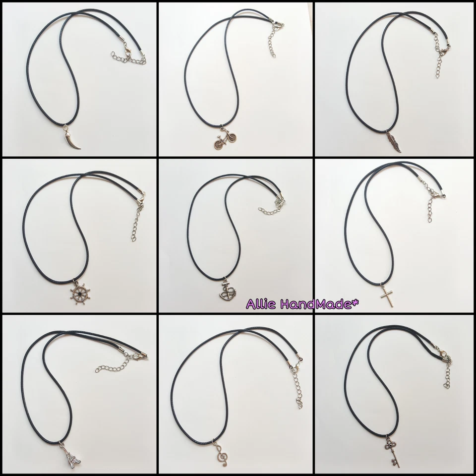 Collana uomo/donna corda nera e ciondolo argento ancora,timone,piuma,croce - Immagine 1 di 1