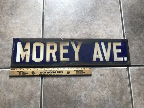Porcelain Street Sign Enamel Metal Morey Ave. In Blue White Letters Vintage Cover