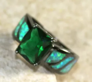BLACK SILVER Elegant Green Fire Opal & Peridot Rectangular Ring Size 5, WR41201 - Picture 1 of 3