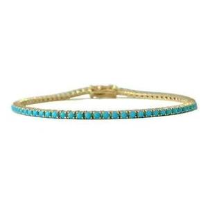 6Ct Round Cut Lab-Created Blue Turquoise Tennis Bracelet 14K Yellow Gold Plated - Picture 1 of 8