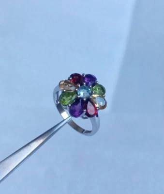 Natural Multi Gemstone Cluster Flower Ring 925 Sterling Silver Handmade Jewelry - Image 1 of 4