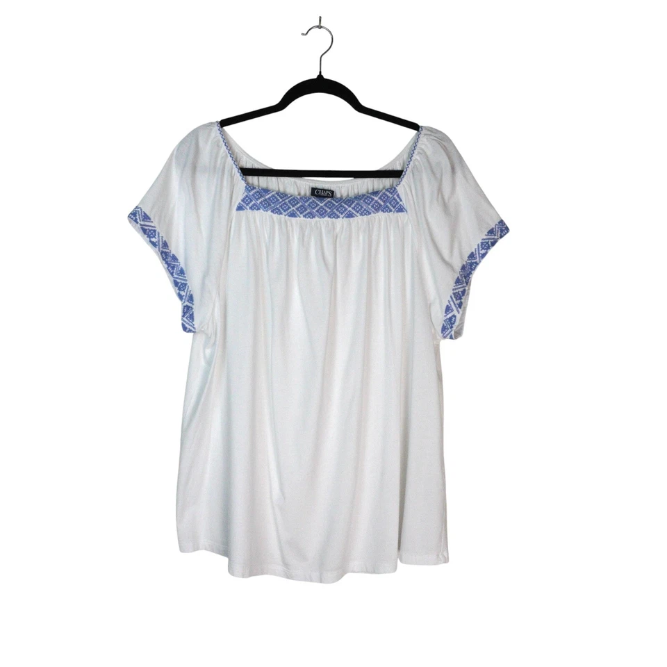 Chaps Womens White Peasant Top Embroidered Neckline Size 2X Country Milkmaid - Image 1 of 4