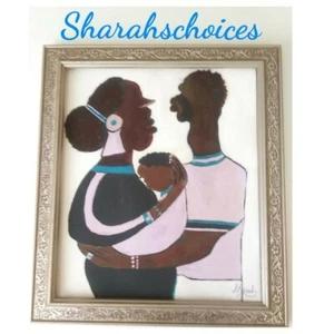 African American Art Woman Man woman child poster Oil -Acrylic purple blue - Picture 1 of 1