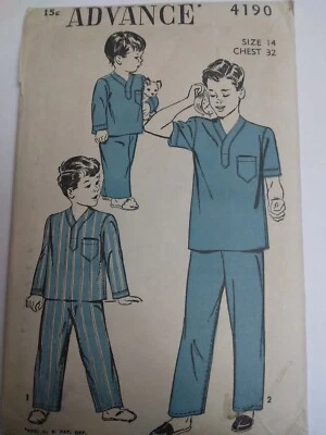Pajamas Sleep Set Shirt Bottoms Boys 14 Advance 4190 Sewing Pattern VTG 40's Cut - Image 1 of 4