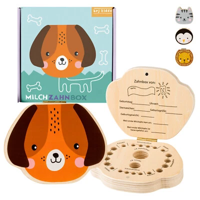 HEJ KIDDO Holz Zahndose Milchzähne Zahnbox für Jungen und Mädchen Zahnfee Dose Tiermotiv