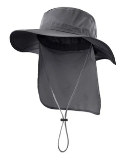 Outdoor UPF50+ Mesh Sun Hat Wide Brim Fishing Hat with Neck Flap (Dark Gray) - Picture 1 of 7