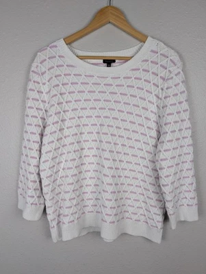 Talbots 毛衣女式 XL 白色粉红色纹理针织钻石棉亚麻圆领 — 第 1/4 张图片