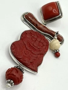 Amy Kahn Russell 925 Carved Cinnabar Foo Dog Pendant Coral Jasper Carnelian 1704 - Picture 1 of 11