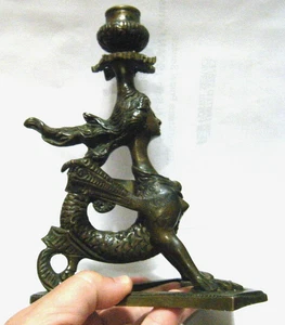 Rare Antique Bronze Etruscan Winged Bird Mermaid Melusine Siren Candle Holder - Picture 1 of 8