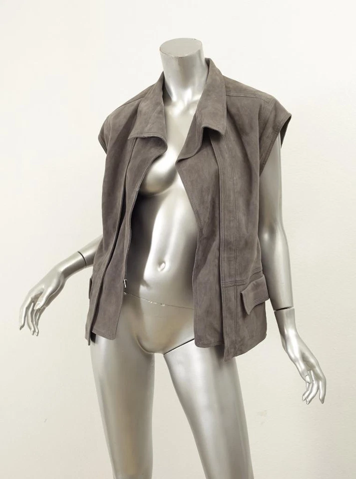 VINCE $795 Mujer Gris Gamuza Moto Moto Moto Motociclista Chaleco Bolsillos S 2016 NUEVO Foto 1 de 4