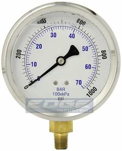 LIQUID FILLED PRESSURE GAUGE 0-1000 PSI, 4" FACE, 1/4" LOWER MOUNT - Picture 1 of 2