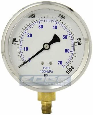 LIQUID FILLED PRESSURE GAUGE 0-1000 PSI, 4" FACE, 1/4" LOWER MOUNT - Image 1 of 2