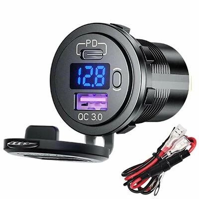 USB C Steckdose 12V PD & QC 3.0 USB Einbau Buchse Wasserdicht KFZ Ladegerät Dose - Bild 1 von 4