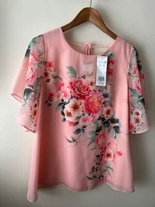 F&F Top Size 14 New Pink Floral Short Sleeve Tie Back Blouse Formal Party Summer - Picture 1 of 12